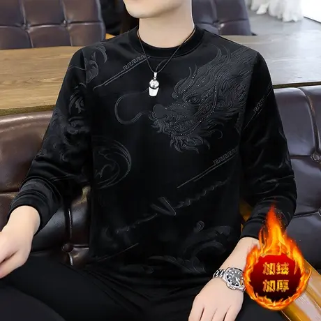 2024冬季欧版龙年男士烫钻加绒加厚卫衣加肥加大码金丝绒长袖T恤商品大图