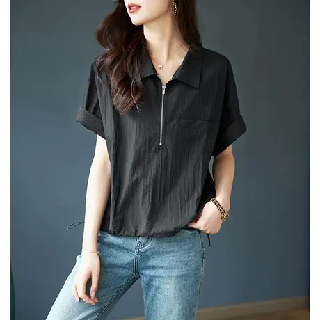 宝诗黎半开领宽松短款纯色衬衣女2024夏季新款系带短袖T恤POLO衫商品大图