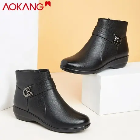 奥康女鞋2020冬季棉鞋女妈妈鞋新款短筒真皮休闲小短靴女软底商品大图