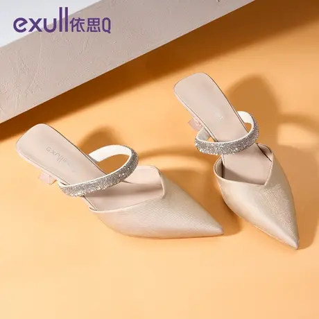依思q包头半拖鞋女2023秋季新款韩版百搭尖头水钻细跟凉拖高跟鞋商品大图
