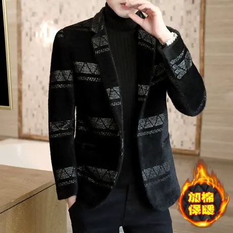 毛呢子西装领大衣男士秋冬季加厚貂绒外套男装青年帅气加绒小西服商品大图