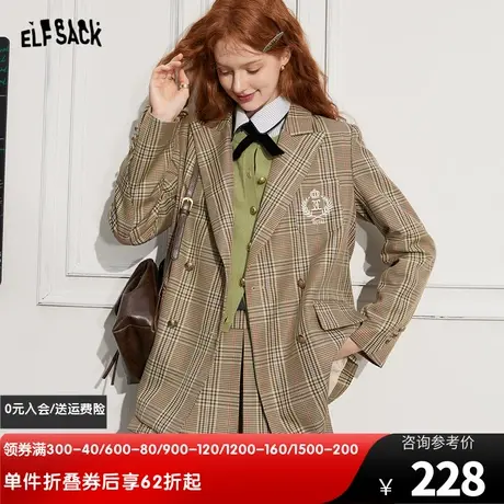 妖精的口袋格纹休闲西装外套女2024春秋新款复古学院风小西服外套图片
