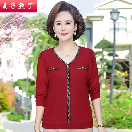 妈妈春装洋气长袖针织上衣服春秋打底小衫 中老年女装T恤阔太太图片