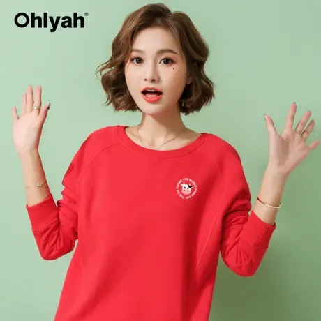 Ohlyah品牌 韩版卫衣新款红色圆领女宽松大码情侣装休闲运动上衣商品大图
