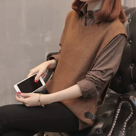 假两件套韩版上衣衬衫毛衣秋装女2023新款打底衫衬衣配马甲两件套商品大图