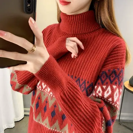 秋装女2023年新款毛衣提花高领打底衫女加厚内搭洋气宽松上衣外穿商品大图
