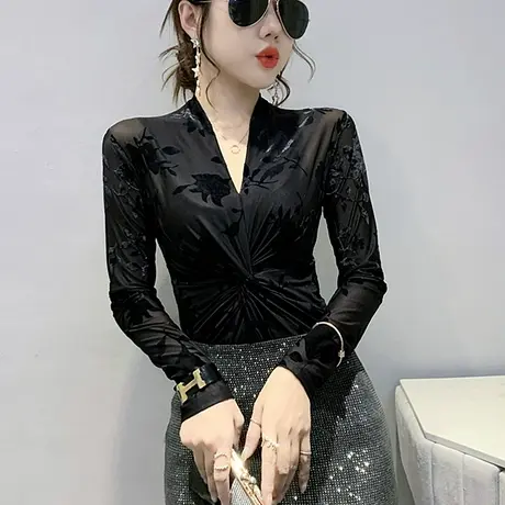 性感V领长袖T恤复古印花小衫洋气网纱上衣百搭加绒打底衫女秋冬潮图片