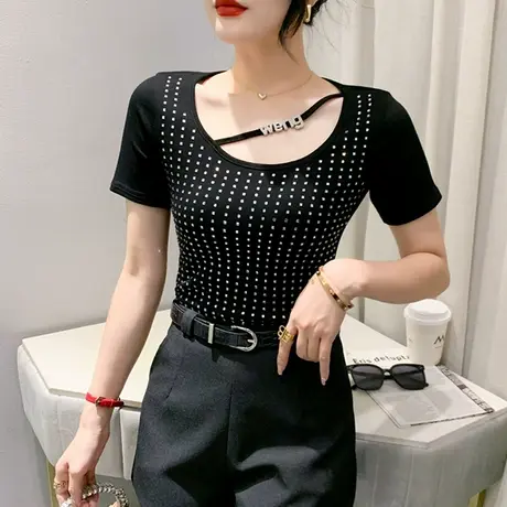 短款辣妹T恤女短袖夏季重工烫钻小衫性感镂空上衣高腰紧身半袖ins商品大图
