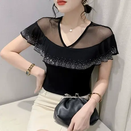 气质荷叶边T恤女短袖2023夏装新款性感网纱小衫修身烫钻V领上衣潮商品大图