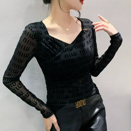 性感黑色网纱T恤女长袖时尚设计感交叉V领上衣气质内搭打底衫秋装商品大图