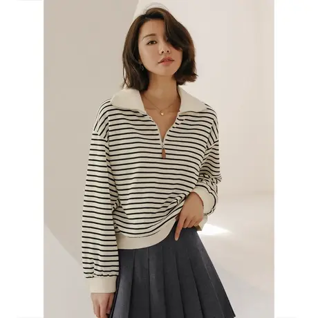 弥古休闲翻领半拉链卫衣女长袖春秋季薄款外穿法式条纹上衣高级感图片