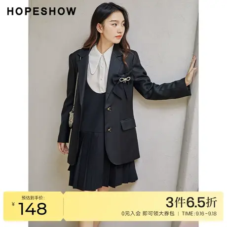 红袖outlets单排扣翻领西装hopeshow2022秋季新款蝴蝶结垫肩外套商品大图