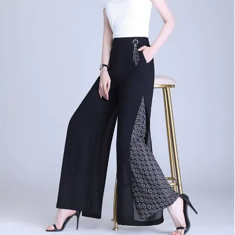 开叉印花长裤阔腿裤女高腰2023夏季新款垂感宽松薄款雪纺休闲裤子商品大图