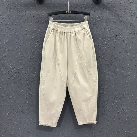 欧货纯色休闲松紧腰老爹牛仔裤女2023秋季新款宽松显瘦哈伦裤垮裤商品大图