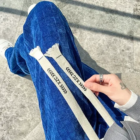 克莱因蓝雪尼尔阔腿裤女2023春秋新款高腰垂感直筒宽松休闲条绒裤图片