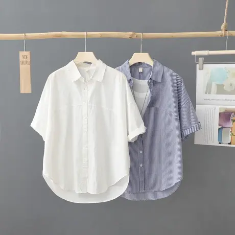 夏季新款小众条纹短袖衬衫女2023年宽松纯色衬衣女装上衣薄开衫潮图片