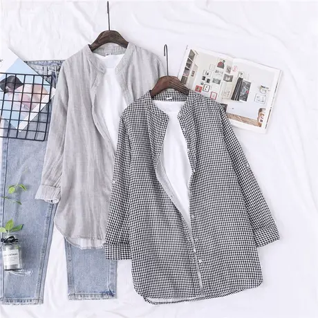 春秋季新款日系文艺纯棉格子双层纱中长款衬衫女宽松百搭休闲衬衣图片