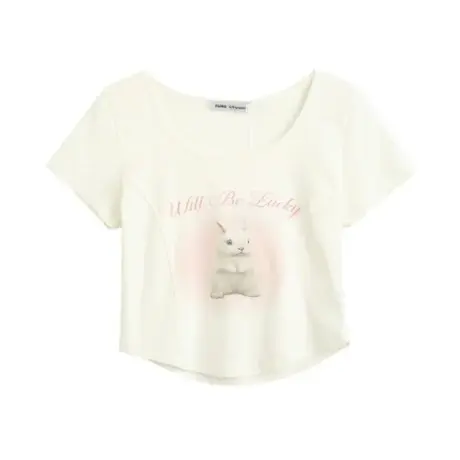 夏装bm风纯欲短款鱼骨弧形兔子印花U领短袖T恤女2023新款上衣图片