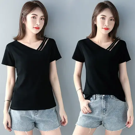 修身显瘦打底衫双线条斜v领短袖t恤内搭体恤新款洋气黑色女士上衣商品大图
