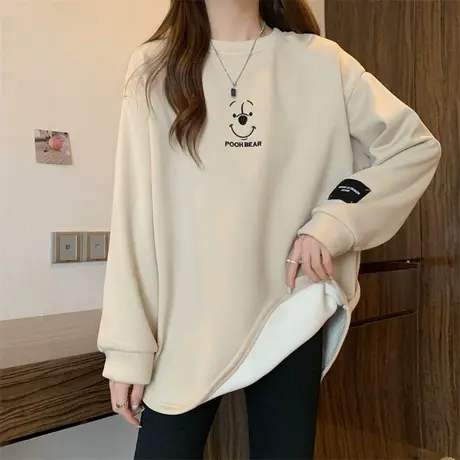 加绒加厚圆领打底衫女秋冬内搭宽松大码卫衣叠穿长袖T恤洋气上衣商品大图