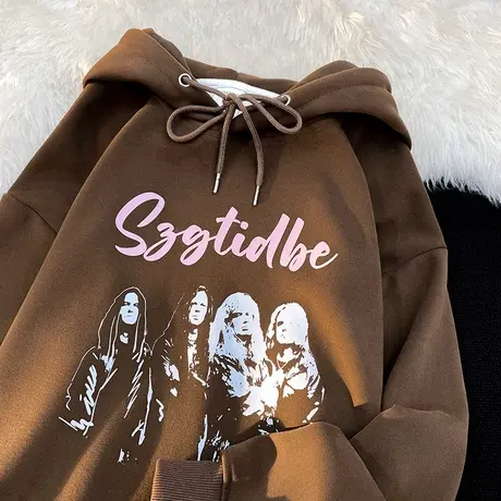 美式复古设计感连帽卫衣女秋冬加绒加厚ins潮牌宽松大码上衣外套图片