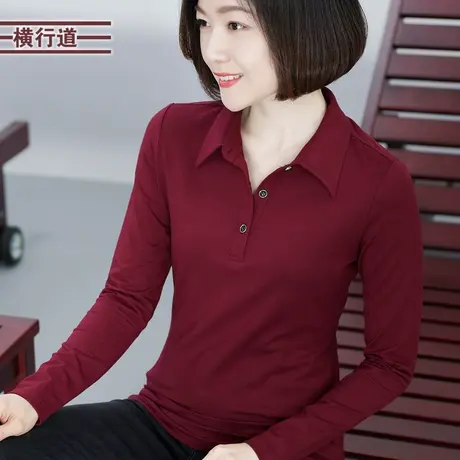 衬衫领打底衫t恤2023长袖新款上衣纯色休闲冬装职业装上衣工装女商品大图