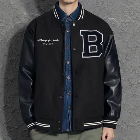 奕飏秋冬季棒球服男夹克加厚日系潮牌毛巾绣拼色刺绣外套pu皮拼接图片