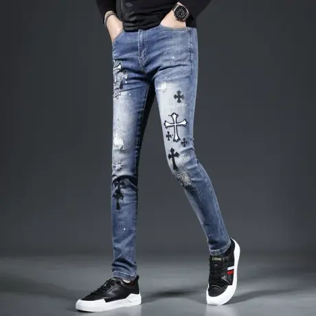 高级刺绣牛仔裤男款破洞潮流2023新款修身小脚裤弹力潮流男裤秋款商品大图