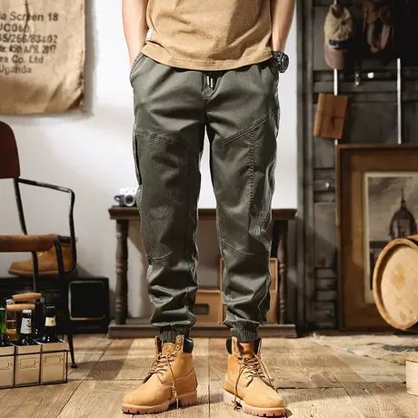 潮牌工装裤男士修身夏季宽松军绿色束脚裤子直筒小脚哈伦休闲长裤商品大图