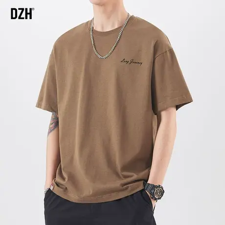 男士咖啡色短袖男夏季潮牌设计感小众刺绣t恤纯棉ins潮流百搭上衣商品大图