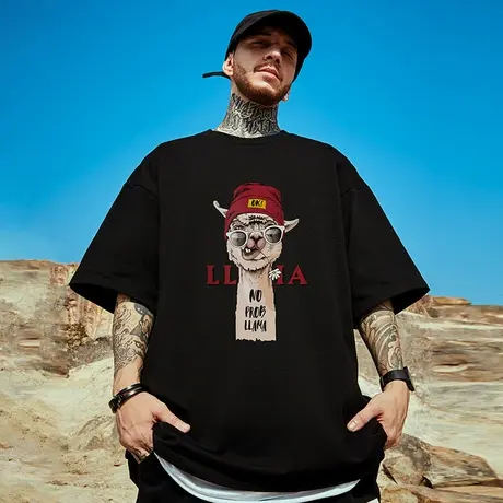 简约卡通印花短袖男美式潮牌宽松大码240g重磅纯棉T恤潮胖子半袖商品大图