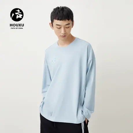 后序长袖t恤男宽松刺绣logo中式休闲圆领极简打底衫 原创设计男装图片