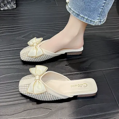 包头半拖鞋女夏季外穿2023年新款韩版蝴蝶结后空平底软底鱼嘴凉拖商品大图