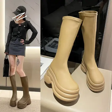 小个子长筒靴子女2023新款秋冬加绒复古长靴增高瘦瘦靴高筒骑士靴商品大图