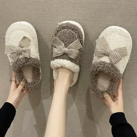 秋冬季新款棉拖鞋女可爱蝴蝶结室内居家防滑软底毛绒保暖月子拖鞋商品大图