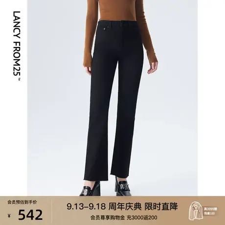 朗姿法式复古棉质高腰显瘦通勤直筒气质长裤女秋冬新款蓝色牛仔裤商品大图