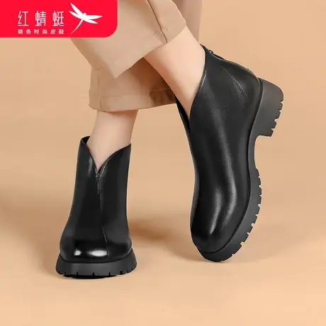 红蜻蜓女鞋2024新款切尔西靴女秋冬英伦风真皮圆头粗跟时尚短靴女图片