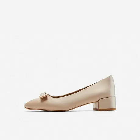 Nine West/玖熙2024年春季新款中跟单鞋女方头礼结缎面粗跟女鞋图片