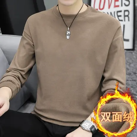 双面德绒卫衣男春秋季加绒秋冬款打底衫保暖无帽纯色圆领长袖t恤商品大图