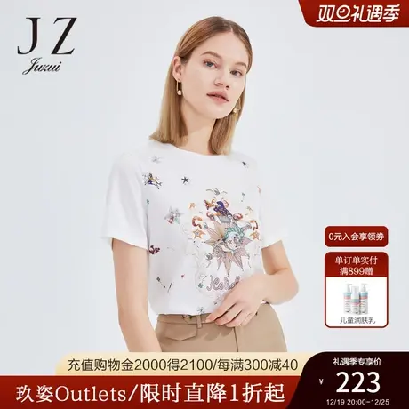 JZ玖姿上衣女2022夏季新款天使印花时尚休闲仿真丝拼接短袖t恤棉商品大图