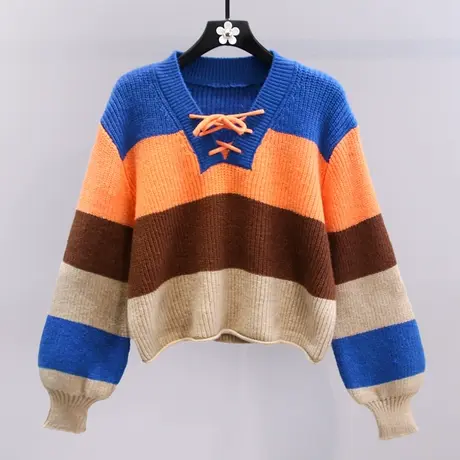 撞色条纹系带毛衣女秋冬2023新款宽松设计感短款V领针织长袖上衣图片