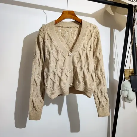 麻花毛衣开衫外套女秋冬新款韩系v领百搭时尚长袖短款针织衫上衣商品大图