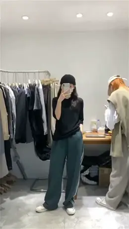 韩国2023秋装新款复古松紧腰休闲裤学院风街拍竖条百搭运动裤女潮商品大图