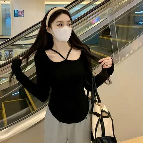 正肩t恤女长袖2023早秋冬季新款打底衫内搭短款独特别致小上衣服商品大图