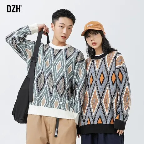 情侣提花毛衣男冬季加厚潮牌美式复古圆领针织衫短款情侣装毛线衣商品大图