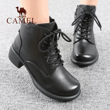 Camel/骆驼女鞋冬季加绒保暖系带真牛皮士中年舒适休闲妈妈短靴子图片