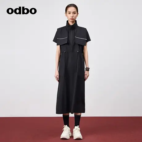 odbo/欧迪比欧港风复古大口袋立领连衣裙女夏季2024新款抽褶裙子图片