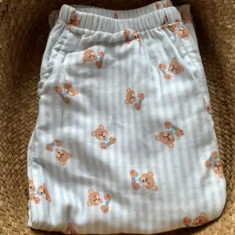 新品！A类全棉双层纱布可爱蓝条纹玩偶熊长裤家居服可外传商品大图