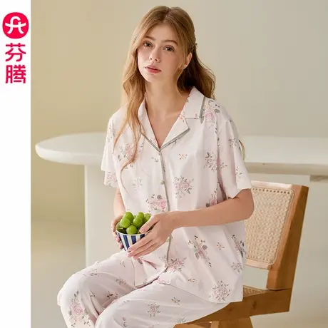 芬腾睡衣女夏季新款纯棉短袖宽松休闲加大码全棉可外穿家居服套装商品大图