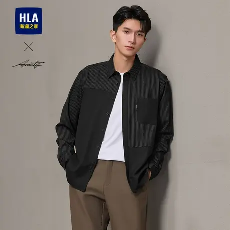 HLA/海澜之家长袖休闲外套款黑衬衫春秋季口袋条纹磨毛拼接上衣男图片